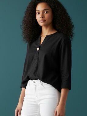 ❤️ Black Linen Pull Over 3/4 Sleeve Blouse